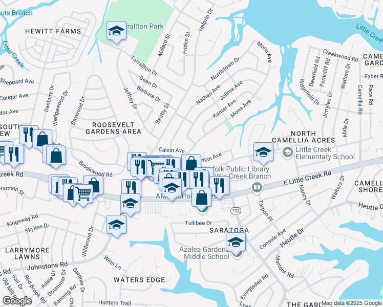 map of restaurants, bars, coffee shops, grocery stores, and more near 8100 Mona Avenue in Norfolk
