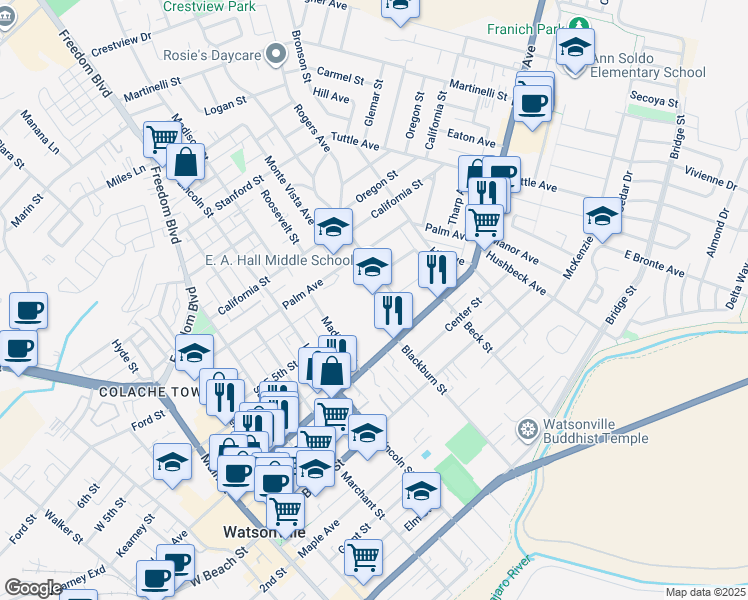 map of restaurants, bars, coffee shops, grocery stores, and more near 201 Brewington Avenue in Watsonville