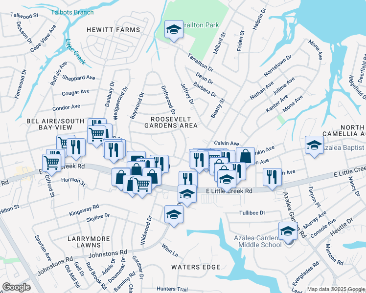 map of restaurants, bars, coffee shops, grocery stores, and more near 8016 Bowwood Lane in Norfolk
