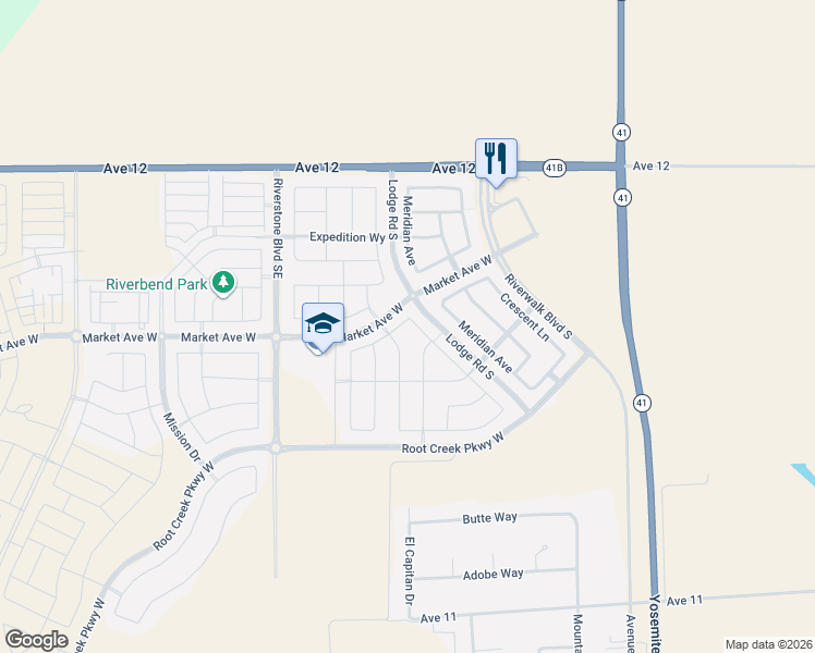 map of restaurants, bars, coffee shops, grocery stores, and more near 494 Timberline Way in Madera