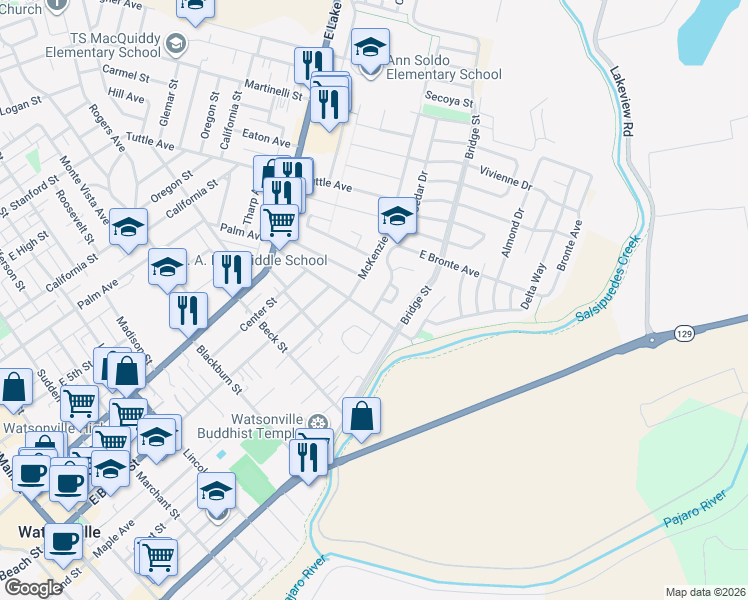 map of restaurants, bars, coffee shops, grocery stores, and more near 607 Bronte Avenue in Watsonville