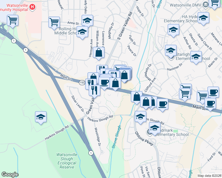 map of restaurants, bars, coffee shops, grocery stores, and more near 1983 Main Street in Watsonville