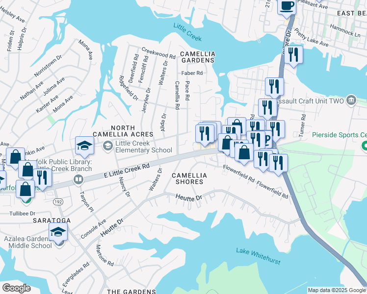 map of restaurants, bars, coffee shops, grocery stores, and more near 3520 Virginia 170 in Norfolk