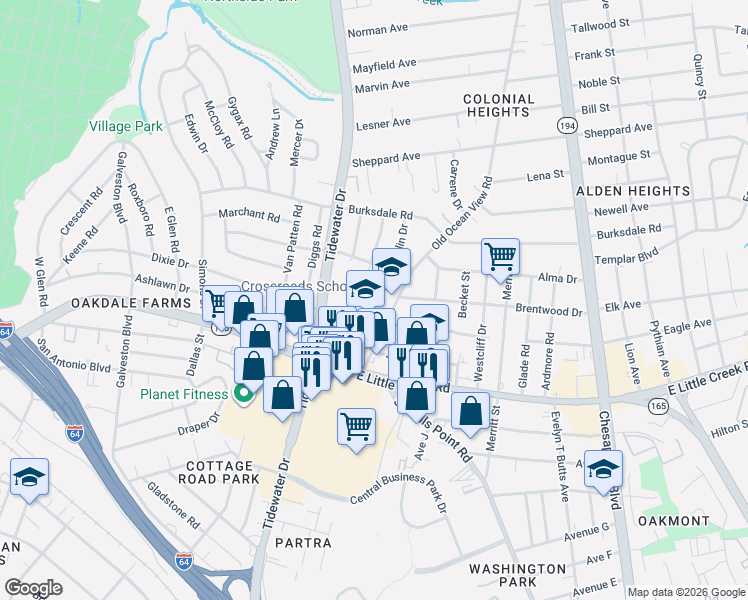 map of restaurants, bars, coffee shops, grocery stores, and more near 8021 Old Ocean View Road in Norfolk