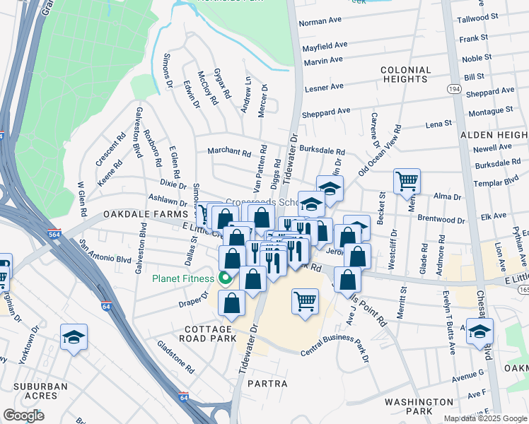 map of restaurants, bars, coffee shops, grocery stores, and more near 8000 Diggs Road in Norfolk