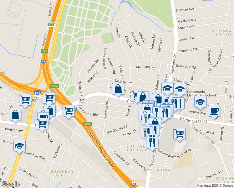 map of restaurants, bars, coffee shops, grocery stores, and more near 414 East Little Creek Road in Norfolk
