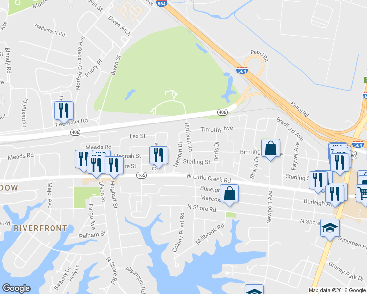 map of restaurants, bars, coffee shops, grocery stores, and more near 7724 Nesbitt Drive in Norfolk