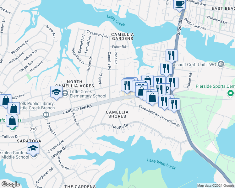 map of restaurants, bars, coffee shops, grocery stores, and more near 3520 Virginia 170 in Norfolk