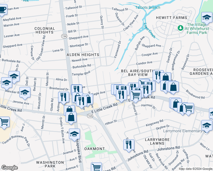 map of restaurants, bars, coffee shops, grocery stores, and more near 8014 Moose Avenue in Norfolk