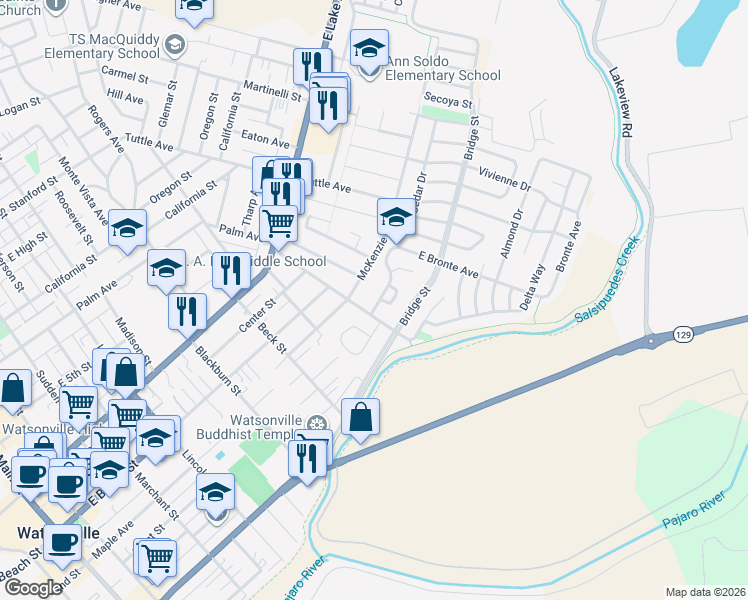 map of restaurants, bars, coffee shops, grocery stores, and more near 607 Bronte Avenue in Watsonville