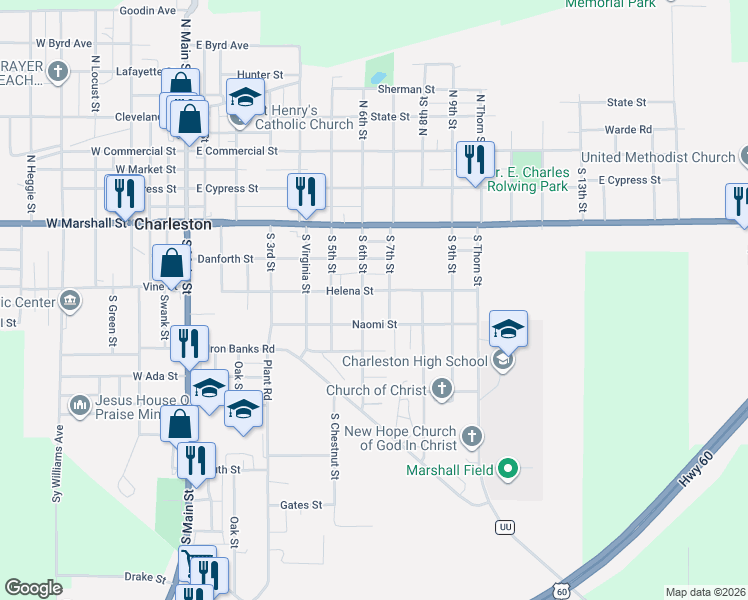 map of restaurants, bars, coffee shops, grocery stores, and more near South 7th Street in Charleston