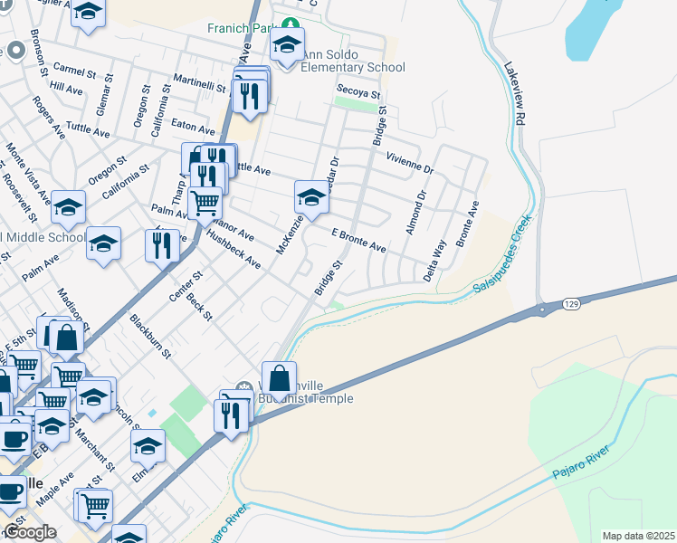 map of restaurants, bars, coffee shops, grocery stores, and more near 618 Bridge Street in Watsonville