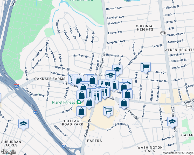 map of restaurants, bars, coffee shops, grocery stores, and more near 8000 Diggs Road in Norfolk