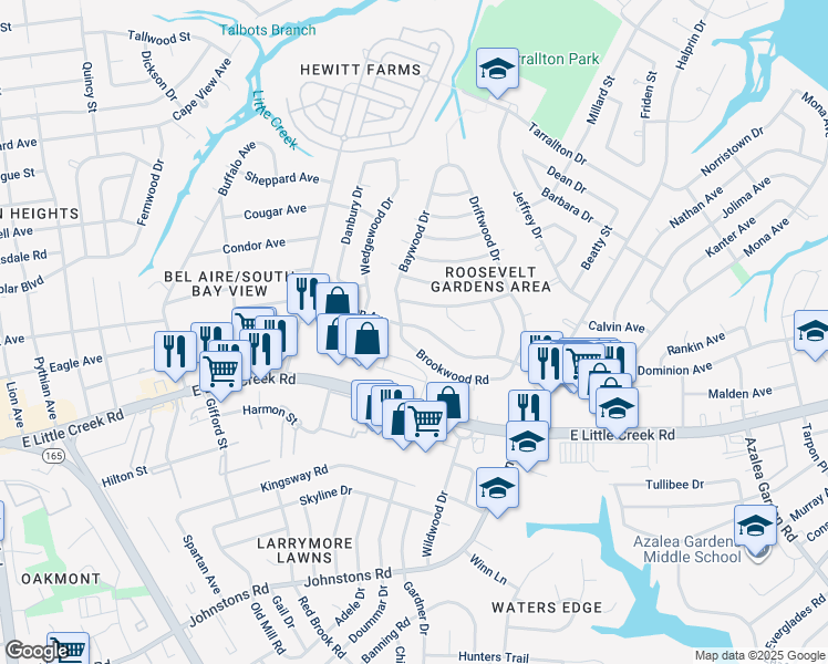 map of restaurants, bars, coffee shops, grocery stores, and more near 1809 Dominion Avenue in Norfolk