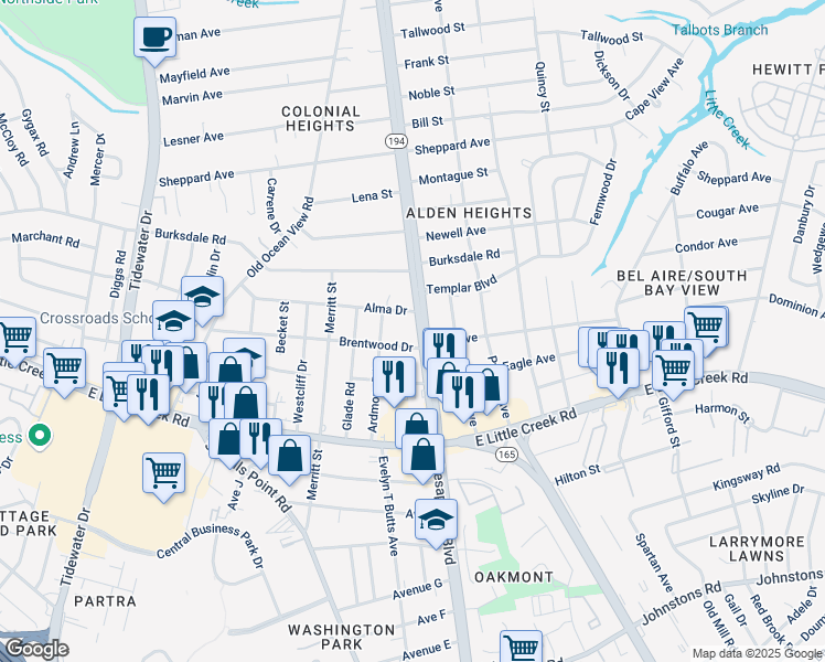 map of restaurants, bars, coffee shops, grocery stores, and more near 8047 Chesapeake Boulevard in Norfolk