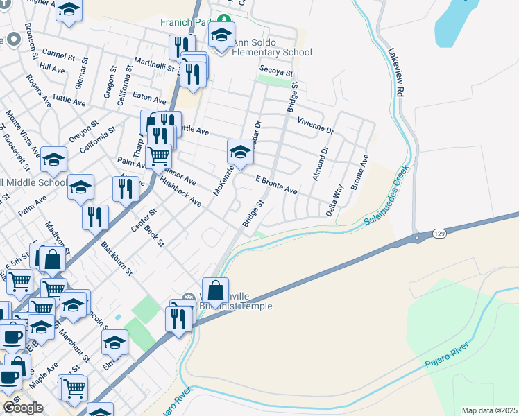 map of restaurants, bars, coffee shops, grocery stores, and more near 618 Bridge Street in Watsonville