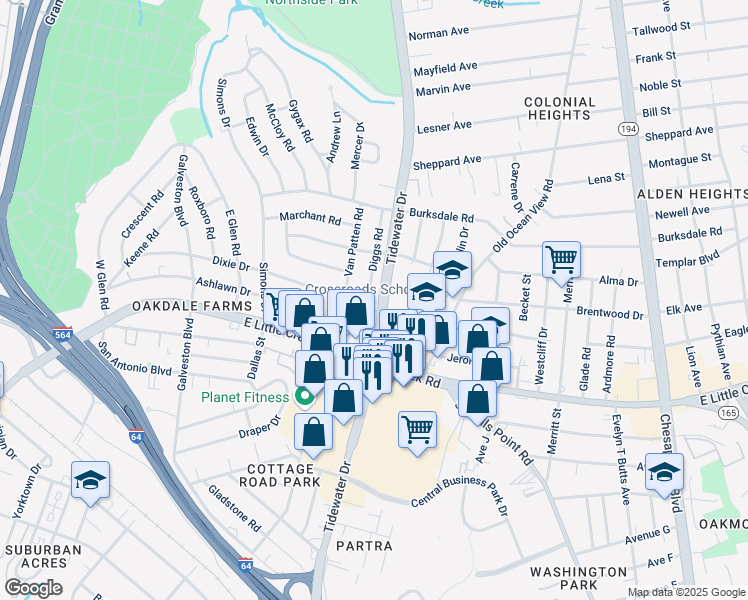 map of restaurants, bars, coffee shops, grocery stores, and more near 8000 Diggs Road in Norfolk