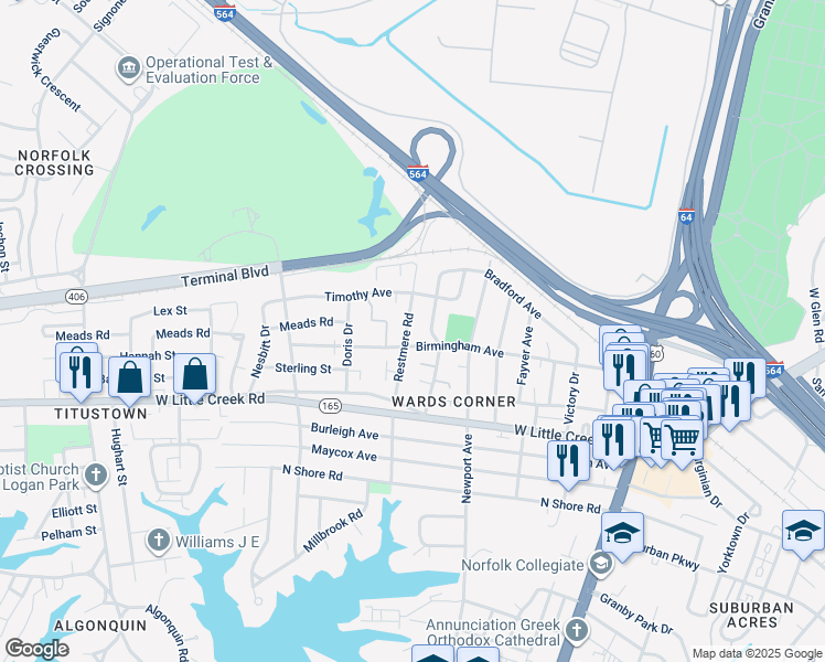 map of restaurants, bars, coffee shops, grocery stores, and more near 7706 Restmere Road in Norfolk