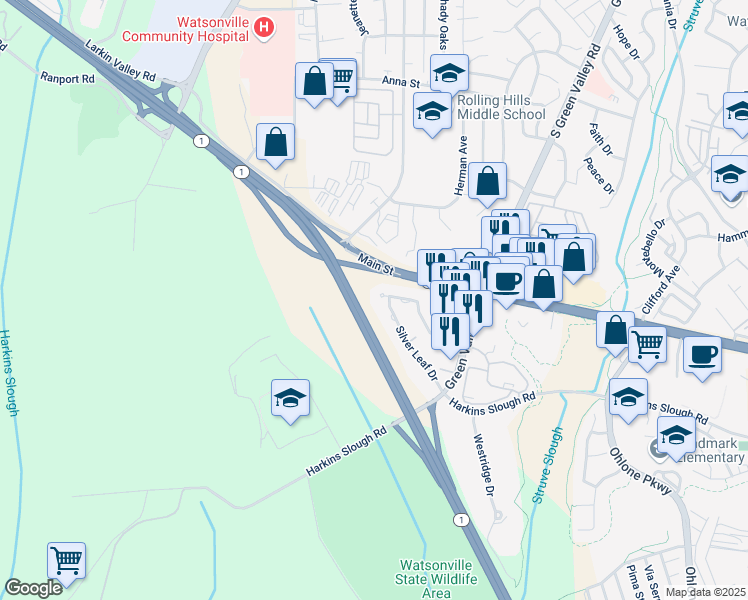 map of restaurants, bars, coffee shops, grocery stores, and more near 253 Green Meadow Drive in Watsonville