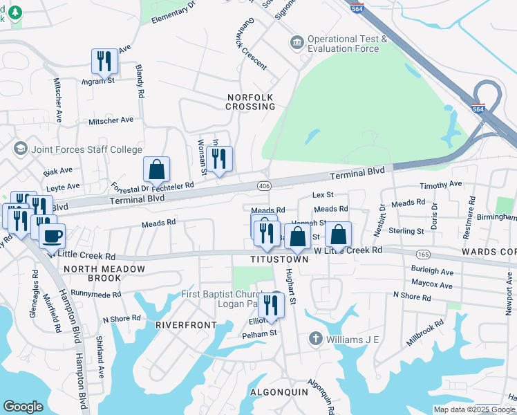 map of restaurants, bars, coffee shops, grocery stores, and more near 1109 Meads Road in Norfolk