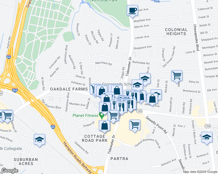map of restaurants, bars, coffee shops, grocery stores, and more near 553 Dixie Drive in Norfolk