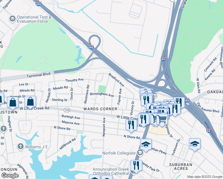 map of restaurants, bars, coffee shops, grocery stores, and more near 7707 Gloucester Avenue in Norfolk