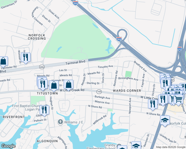 map of restaurants, bars, coffee shops, grocery stores, and more near 534 Birmingham Avenue in Norfolk