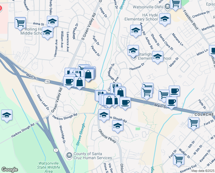 map of restaurants, bars, coffee shops, grocery stores, and more near 444 Sherwood Court in Watsonville
