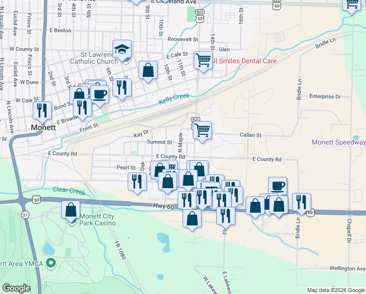 map of restaurants, bars, coffee shops, grocery stores, and more near 700-748 County Road in Monett