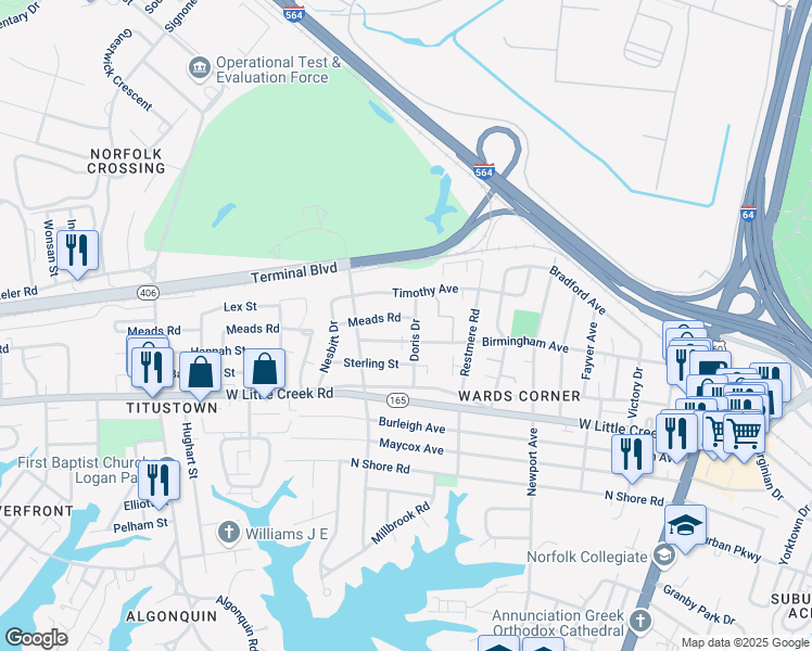 map of restaurants, bars, coffee shops, grocery stores, and more near 521 Meads Road in Norfolk
