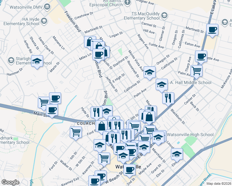 map of restaurants, bars, coffee shops, grocery stores, and more near 309 Jefferson Street in Watsonville