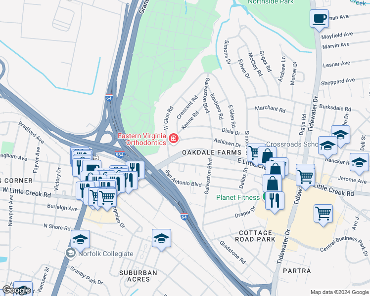 map of restaurants, bars, coffee shops, grocery stores, and more near 310 East Little Creek Road in Norfolk