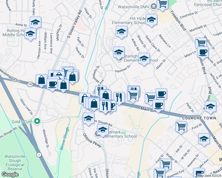 map of restaurants, bars, coffee shops, grocery stores, and more near 158 Terry Loop in Watsonville
