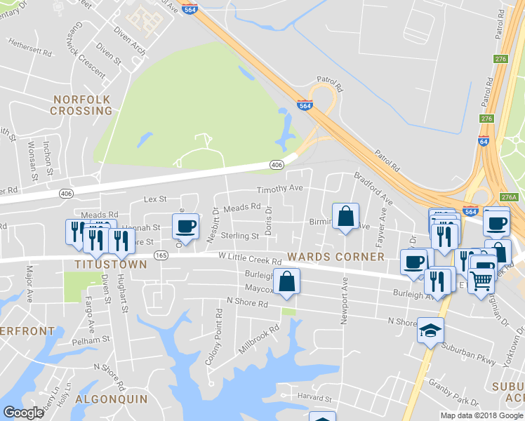 map of restaurants, bars, coffee shops, grocery stores, and more near 521 Meads Road in Norfolk