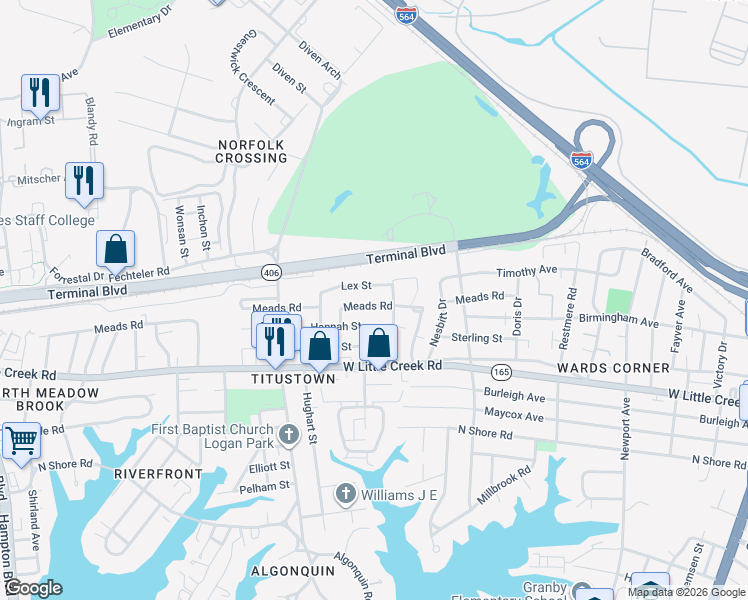 map of restaurants, bars, coffee shops, grocery stores, and more near 819 Meads Road in Norfolk
