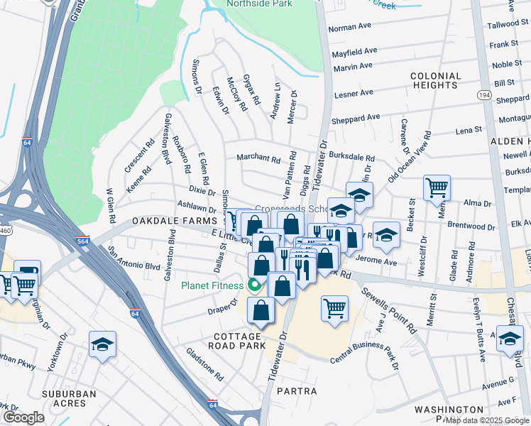 map of restaurants, bars, coffee shops, grocery stores, and more near 545 Dixie Drive in Norfolk