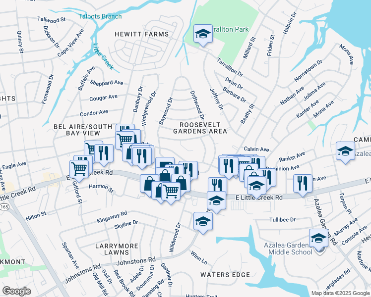 map of restaurants, bars, coffee shops, grocery stores, and more near 8008 Arrowwood Court in Norfolk