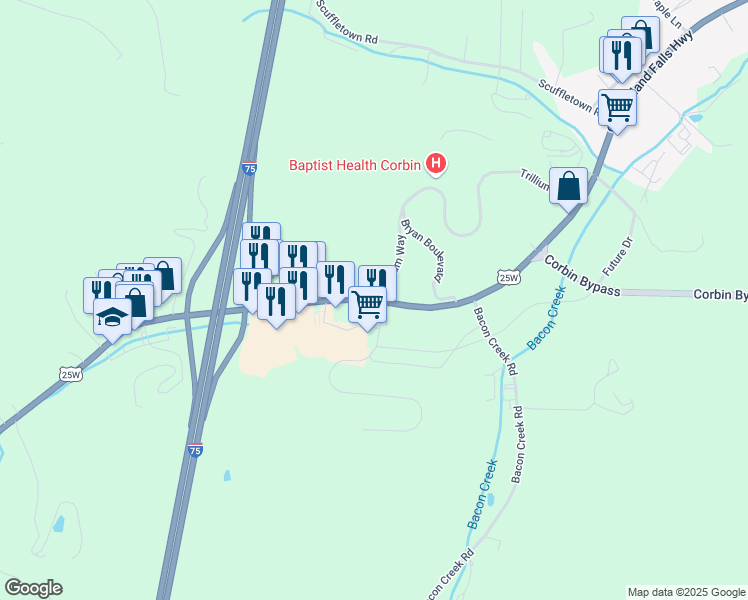 map of restaurants, bars, coffee shops, grocery stores, and more near Cumberland Falls Highway in Corbin