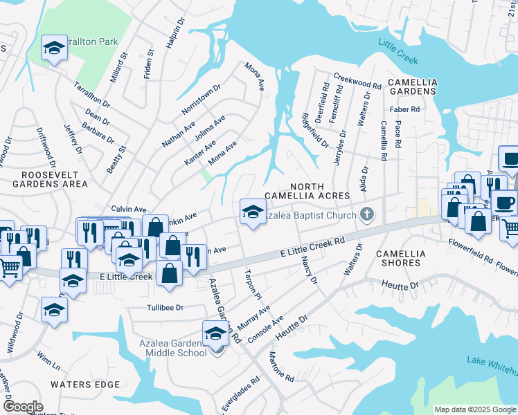 map of restaurants, bars, coffee shops, grocery stores, and more near 2734 Dominion Avenue in Norfolk