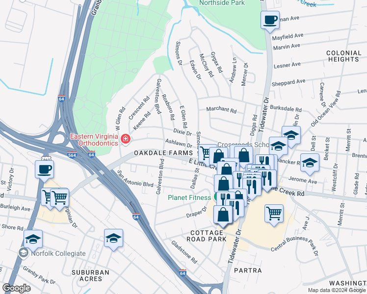 map of restaurants, bars, coffee shops, grocery stores, and more near 415 Ashlawn Drive in Norfolk