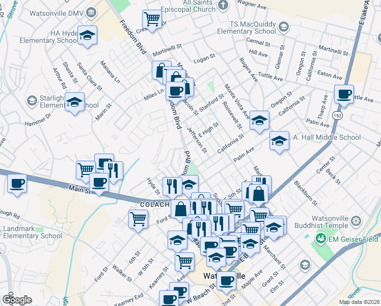 map of restaurants, bars, coffee shops, grocery stores, and more near 846 Freedom Boulevard in Watsonville