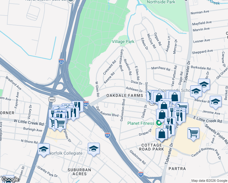 map of restaurants, bars, coffee shops, grocery stores, and more near 327 East Little Creek Road in Norfolk