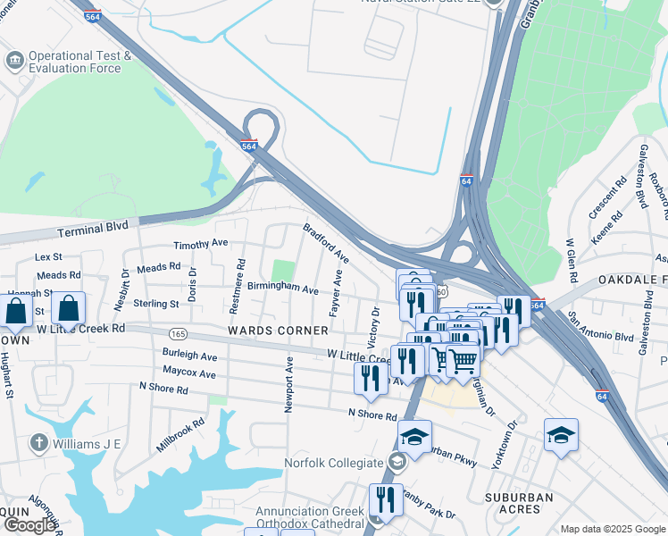 map of restaurants, bars, coffee shops, grocery stores, and more near 7717 Fayver Avenue in Norfolk