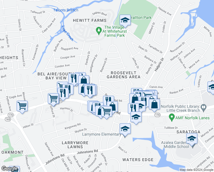 map of restaurants, bars, coffee shops, grocery stores, and more near 1816 Dominion Avenue in Norfolk