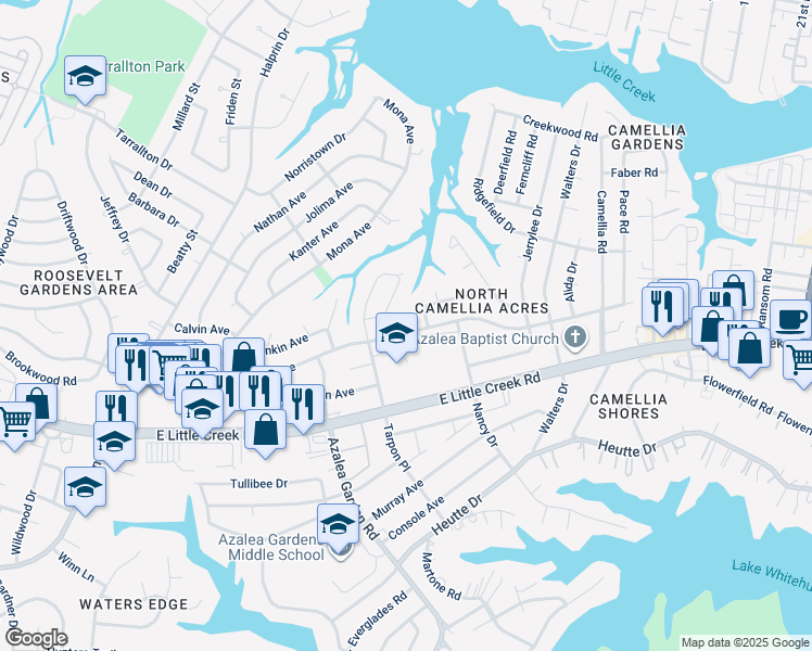 map of restaurants, bars, coffee shops, grocery stores, and more near 2734 Dominion Avenue in Norfolk