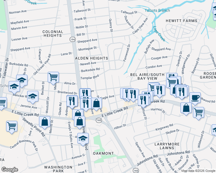 map of restaurants, bars, coffee shops, grocery stores, and more near 1317 Elk Avenue in Norfolk