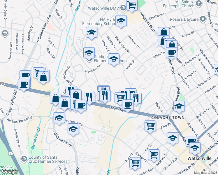 map of restaurants, bars, coffee shops, grocery stores, and more near 225 Pacifica Boulevard in Watsonville
