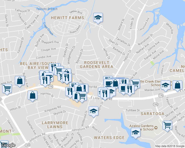 map of restaurants, bars, coffee shops, grocery stores, and more near 8008 Arrowwood Court in Norfolk