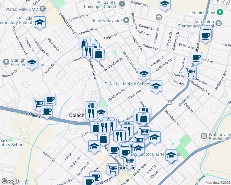 map of restaurants, bars, coffee shops, grocery stores, and more near 204 California Street in Watsonville