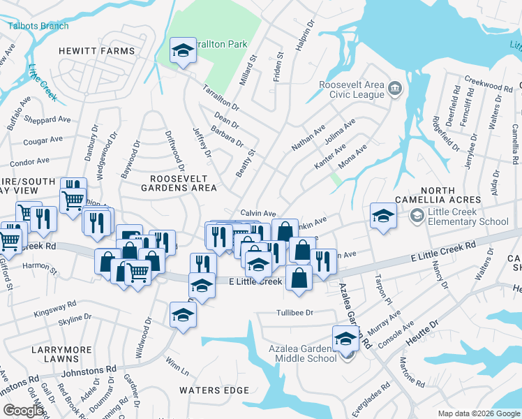 map of restaurants, bars, coffee shops, grocery stores, and more near 2332 Elaine Avenue in Norfolk